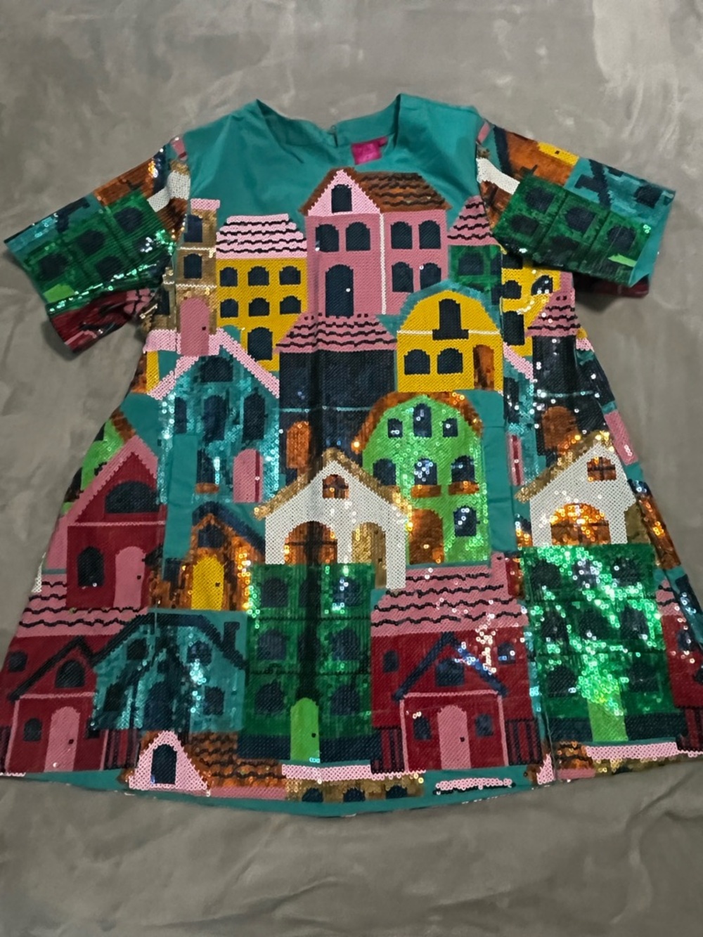 Sequin Townscape Short Dress in Teal, Pink & Green